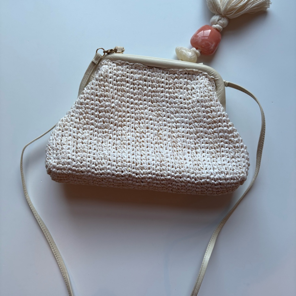 Kendra Scott || Lincoln Resin Stone Tassel Straw‎ Clutch Crossbody Ivory Cream - Picture 8 of 10